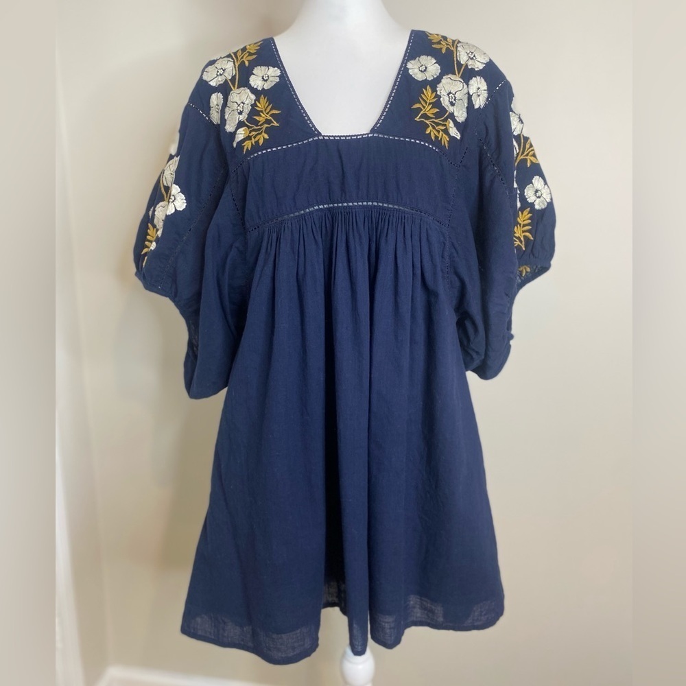 St. Roche Lake Mini Dress-Navy Floral Embroidery Cotton Puff Sleeve Boho Chic S